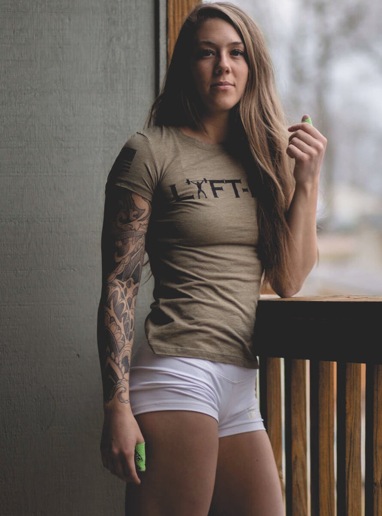 female crossfitter sporting lyftrx army shirt