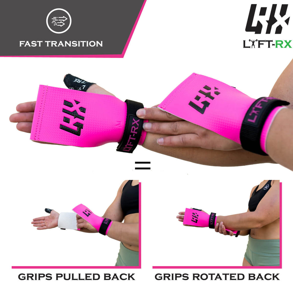 female hand with pink grips showing grip transitions