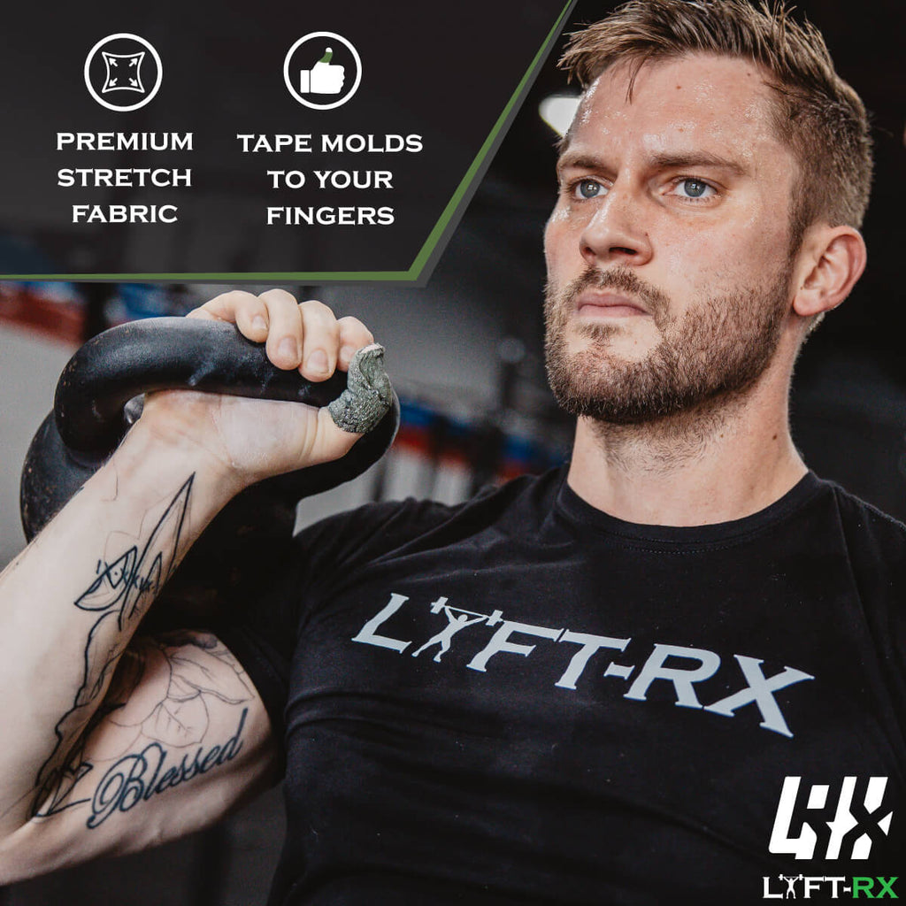 man holding a kettlebell with lift rx tape and tshirt